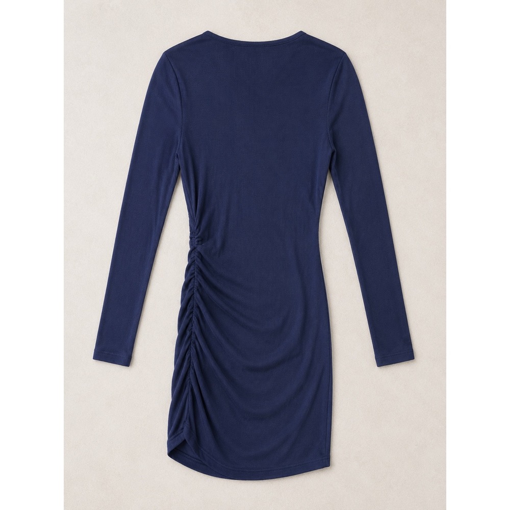 Michael Stars Navy Blue Ruched Side Long Sleeve Rib Knit Mini Dress Small USA - Picture 2 of 3